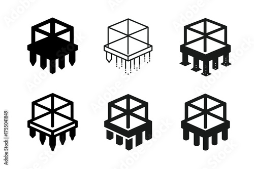 Building Logo Variations. 3D model of building skeleton. Set Logo of 3D model of building skeleton: foundation piles and pile caps. harmonious logo variations