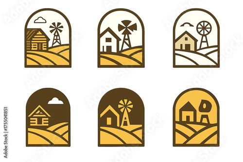 Rustic Farmhouse Logos. A rustic farmhouse with a windmill in the distance. Set Logo of A rustic farmhouse with a windmill in the distance: Window frame view