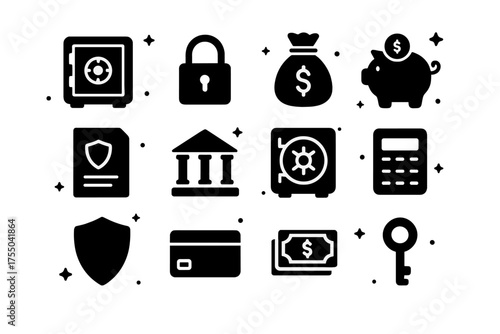 Financial Security Icons. Financial Security. Solid icons set of Financial Security: safe, lock, money bag, piggy bank, insurance document, bank, vault,
