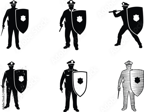Silhouettes of police officers with shields, baton and firearms, law enforcement authority, security defense, protection concept illustration