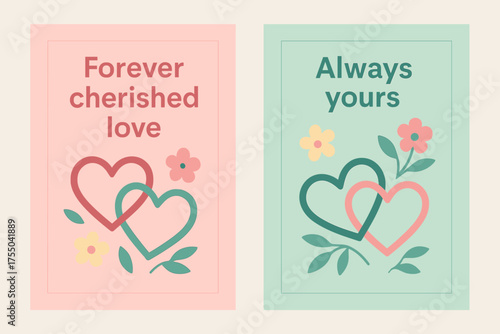 Cherished Love Banners. United hearts. Two vertical A6 banners with safe margins, centered composition, no elements touching edges, cartoon, coral and teal,