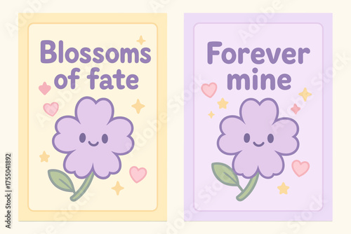 Kawaii Banner Design. Blossoms of fate. Two vertical A6 banners with safe margins, centered composition, no elements touching edges, kawaii, pastel yellow and