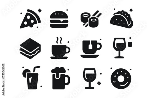 Food and Drink Icons. food and drinks. Solid icons set of food and drinks: pizza, burger, sushi, taco, sandwich, coffee, tea, juice, beer, wine, ice cream,