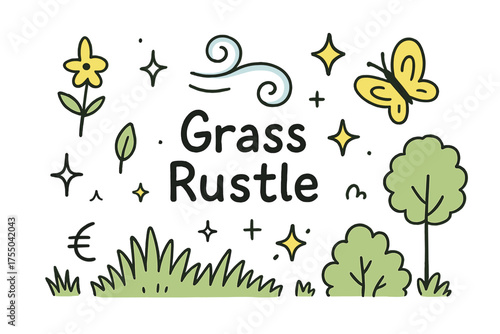 Colorful Field Doodle. Grass Rustle. Hand-drawn doodle illustration grass field (colored), wind swirl (colored), flower (colored), leaf, sparkle, star,