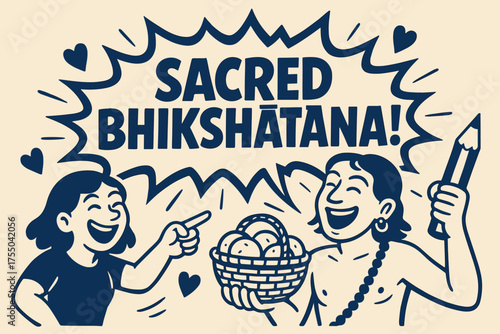 Laughter with Bhikshatana. Sacred Bhikshatana banner, flat vector illustration, bold oversized text inside comic burst, cartoon characters laughing and