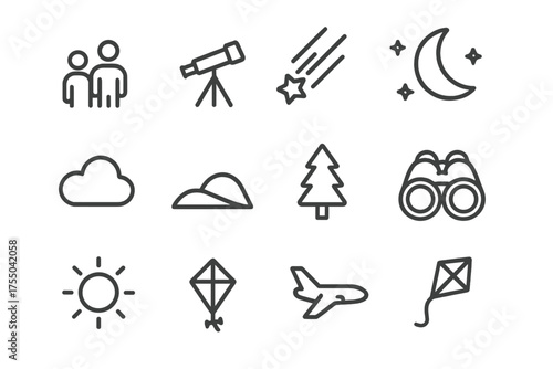 Meteor Shower Icons. Watching meteor shower. Line icon set of Watching meteor shower: people silhouette, telescope, comet, stars, moon, cloud, hill, tree,