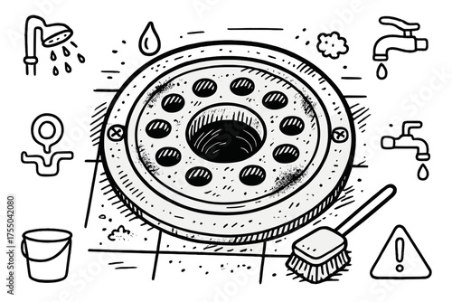 Drain Cover Doodle. Floor Drain Cover Close-Up. Hand-drawn doodle illustration floor drain cover close-up circular metal grate, holes, screws, water droplets,