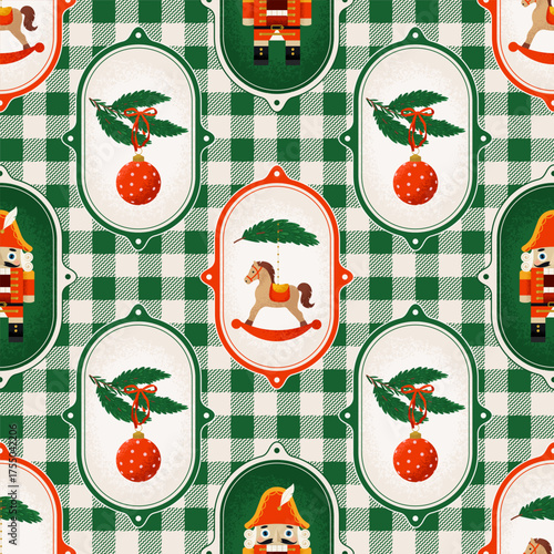 Retro-style Christmas Seamless Pattern with Christmas Decorations in frames. Vector illustration