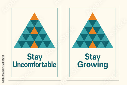 Geometric Inspirational Banners. Determination. Two vertical A6 banners with safe margins, centered composition, no elements touching edges, geometric style,