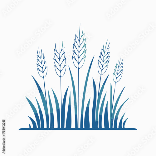 Illustration of stylized wheat stalks and blades of grass, in shades of blue.