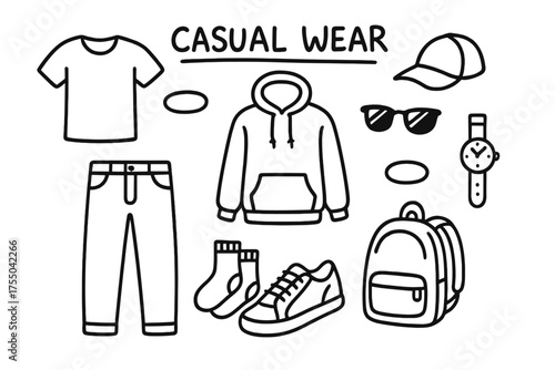 Casual Wear Icons. Casual Wear. Hand-drawn doodle illustration Casual Wear t-shirt jeans hoodie sneakers cap backpack socks watch sunglasses bracelet. Simple
