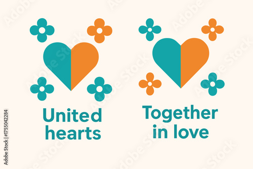 Abstract Hearts Banners. United hearts. Two vertical A6 banners with safe margins, centered composition, no elements touching edges, geometric, turquoise and