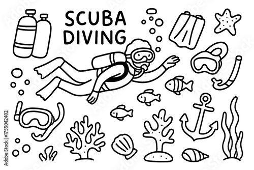 Scuba Diving Doodle. Scuba Diving. Hand-drawn doodle illustration scuba diving diver, scuba tank, mask, fins, snorkel, coral, fish, starfish, underwater