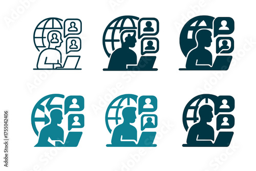 Diverse Logo Designs. A professional conducting a video conference with international clients. Set Logo of A professional conducting a video conference with
