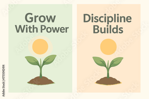 Growth and Discipline. Growth. Two vertical A6 banners with safe margins, centered composition, no elements touching edges, pastel style, mint and peach,