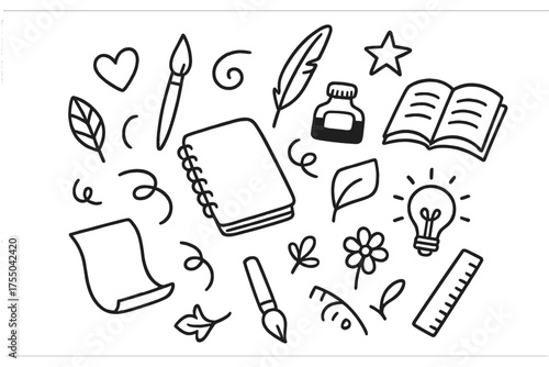 Creative Sketchbook Elements. Sketchbook. Hand-drawn doodle illustration sketchbook pencil, paintbrush, ink bottle, quill, open book, star, heart, leaf, swirl,