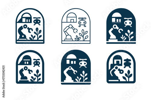 Futuristic Habitat Logos. A futuristic space habitat with living quarters, gardens, and workspaces. Set Logo of A futuristic space habitat with