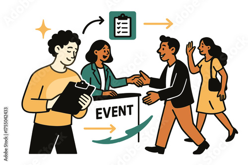 Event Coordination Vibrance. Guest coordination. Glowing host checking guest list while others greet arrivals at event desk. Floating icons of sparkle,