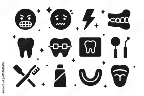 Dental Stress Icons. Stress teeth. Solid icons set of Stress teeth: face with clenched teeth, nervous face, lightning bolt, jaw, molar tooth, braces, dental