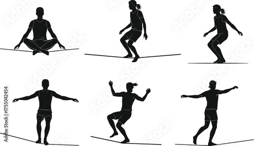 Silhouettes of slackline performers balancing on rope, acrobatic poses, coordination skill, balance concept, outdoor sport activity illustration