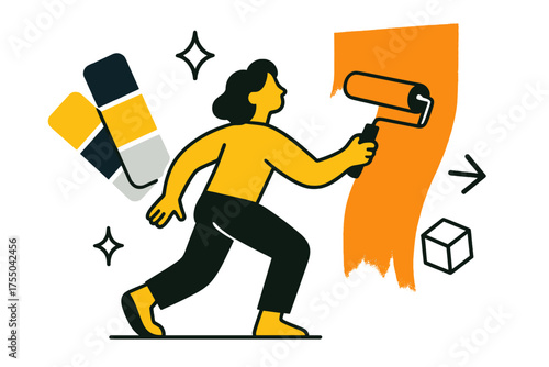 Vibrant Wall Painting. Painting walls. Glowing person rolling fresh paint on wall with vibrant accent color swatches floating nearby. Floating icons of