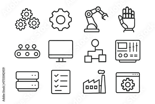 Automation Icon Set. Automated systems. Line icon set of Automated systems: gears, cogwheel, robot arm, robotic hand, conveyor belt, computer monitor, workflow