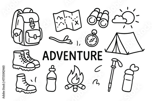 Adventure Essentials Doodle. Adventure. Hand-drawn doodle illustration Adventure backpack map compass binoculars tent boots hiking stick water bottle campfire