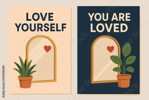 Self-Love Banners. Self-Love. Two vertical A6 banners, pastel, navy and gold backgrounds, mirror with a heart sticker and potted plants, first banner with text