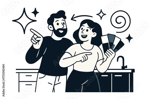 Vibrant Kitchen Design Duo. Kitchen redesign. Glowing couple standing near counter with cabinets, holding paint swatches and pointing. Floating icons of