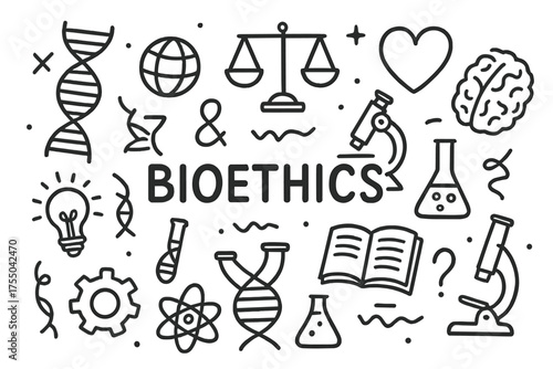 Bioethics Symbols Doodle. Bioethics. Hand-drawn doodle illustration bioethics DNA strand, balance scale, heart, brain, microscope, test tube, book, question