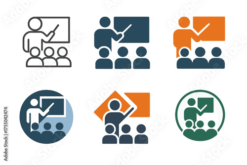 Labor Market Logos. Labor market dynamics. Set Logo of Labor market dynamics: job training and reskilling classroom. harmonious logo variations of the same