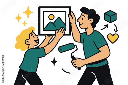 Family Artistry Moment. DIY touch. Glowing child and parent hanging framed art on freshly painted wall together. Floating icons of sparkle, cube, and heart