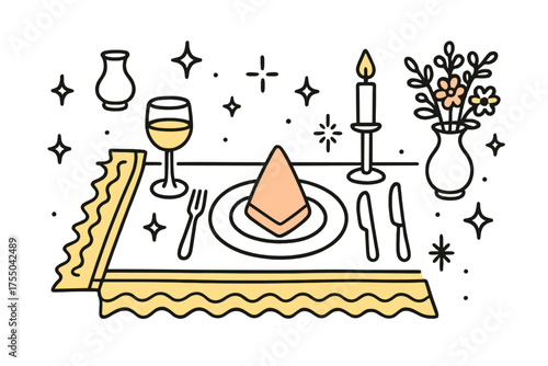 Elegant Dinner Illustration. Elegant Dinner. Hand-drawn doodle illustration table runner (colored), wine glass (colored), plate, cutlery, napkin (colored),