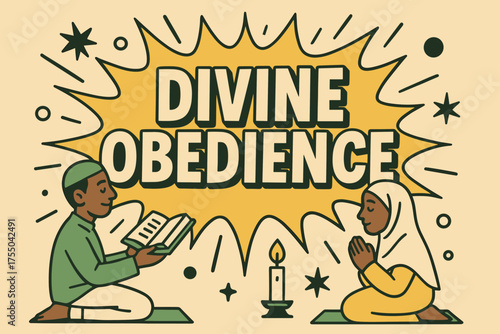 Divine Obedience Banner. Divine Obedience banner, flat vector illustration, bold oversized text inside splash explosion, cartoon characters kneeling and
