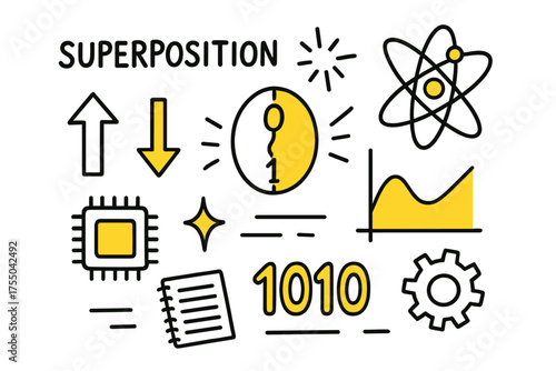 Qubit Doodle Illustration. Superposition. Hand-drawn doodle illustration qubit symbol (colored), atom (colored), arrows, chip, graph (colored), sparkle, light