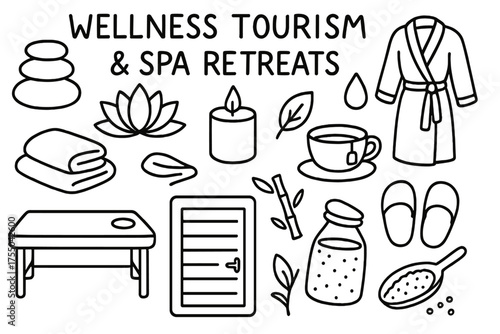 Spa Retreat Icons. Wellness Tourism and Spa Retreats. Hand-drawn doodle illustration wellness tourism and spa retreats spa stones, lotus flower, towel, candle,