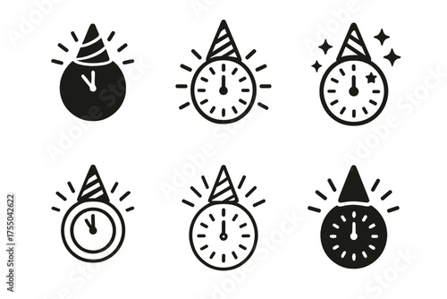 New Year Logo Variations. New Year Party. Set Logo of New Year Party: clock striking midnight. harmonious logo variations of the same emblematic concept, each