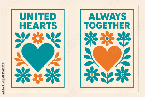 United Hearts Banners. United hearts. Two vertical A6 banners with safe margins, centered composition, no elements touching edges, geometric, turquoise and