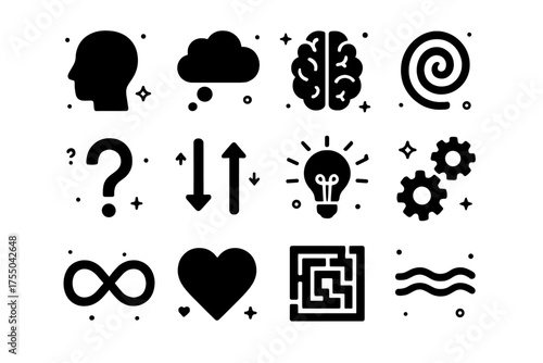 Mental Health Icons. Mental Health & Thoughts. Solid icons set of Mental Health & Thoughts: head silhouette, thought cloud, brain, spiral, question mark,