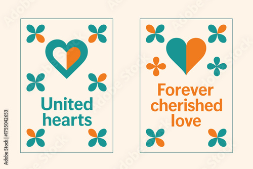 United Hearts Banners. United hearts. Two vertical A6 banners with safe margins, centered composition, no elements touching edges, geometric, turquoise and