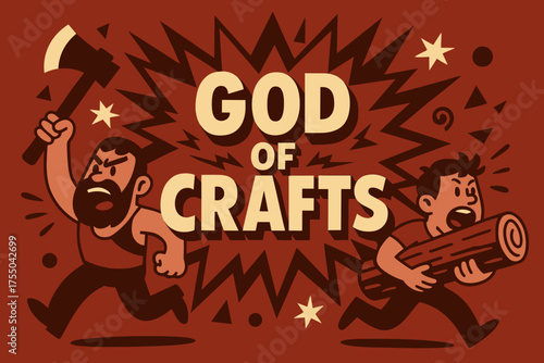 God of Crafts. God of Crafts banner, flat vector illustration, bold oversized text inside splash explosion, cartoon characters running and shouting, carrying