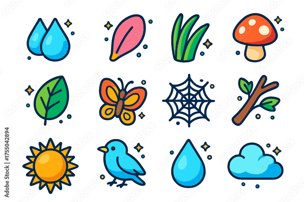 Obraz premium Vibrant Morning Icons. Morning Nature. Colorful isometric vector icons set of morning nature: dew drops, flower petal, grass blade, mushroom, leaf, butterfly,