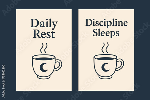 Calm Tea Banners. Sleepy tea. Two vertical A6 banners with safe margins, centered composition, no elements touching edges, calm minimal style, midnight blue
