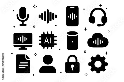 Voice Recognition Icons. Voice recognition systems. Solid icons set of Voice recognition systems: microphone, sound wave, smartphone, headset, computer, AI