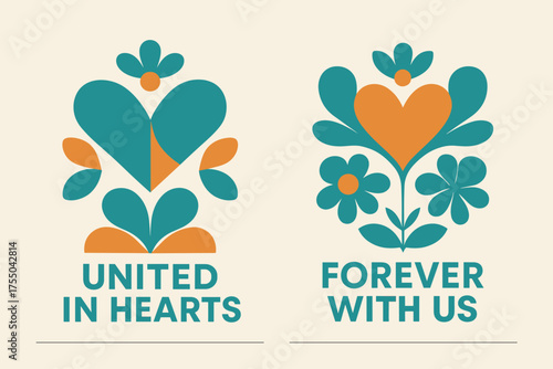 United in Hearts Banners. United in hearts. Two vertical A6 banners with safe margins, centered composition, no elements touching edges, geometric, turquoise