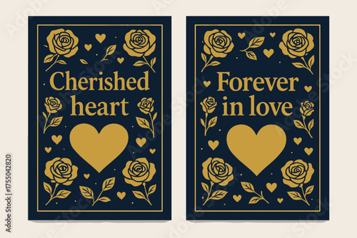 Cherished Heart Elegance. Cherished heart. Two vertical A6 banners with safe margins, centered composition, no elements touching edges, bold, navy and gold,