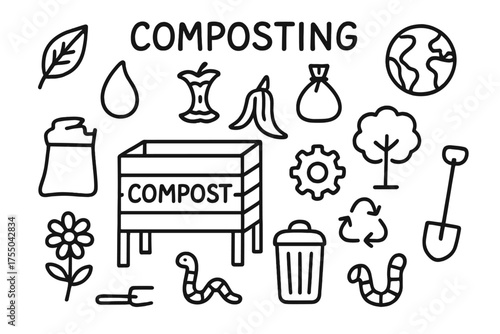 Composting Doodle Icons. Composting. Hand-drawn doodle illustration composting compost bin, leaf, apple core, banana peel, water droplet, globe, tree, bag,