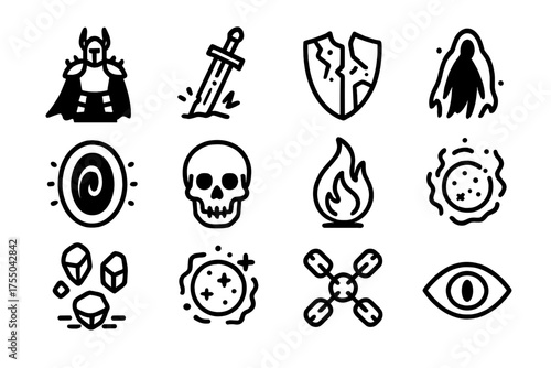 Haunted Battlefield Icons. Haunted battlefield. Line icon set of Haunted battlefield: dark knight silhouette, cursed sword, cracked shield, shattered armor,