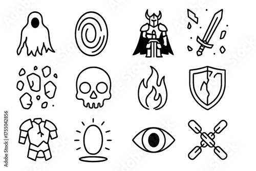 Void Encounter Icons. Void encounter. Line icon set of Void encounter: shadow figure, void portal, dark knight, cursed sword, floating rocks, skull, eerie