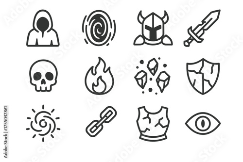 Nightmare Realm Icons. Nightmare realm. Line icon set of Nightmare realm: shadowy figure, void portal, dark knight, cursed sword, skull, eerie flame, floating